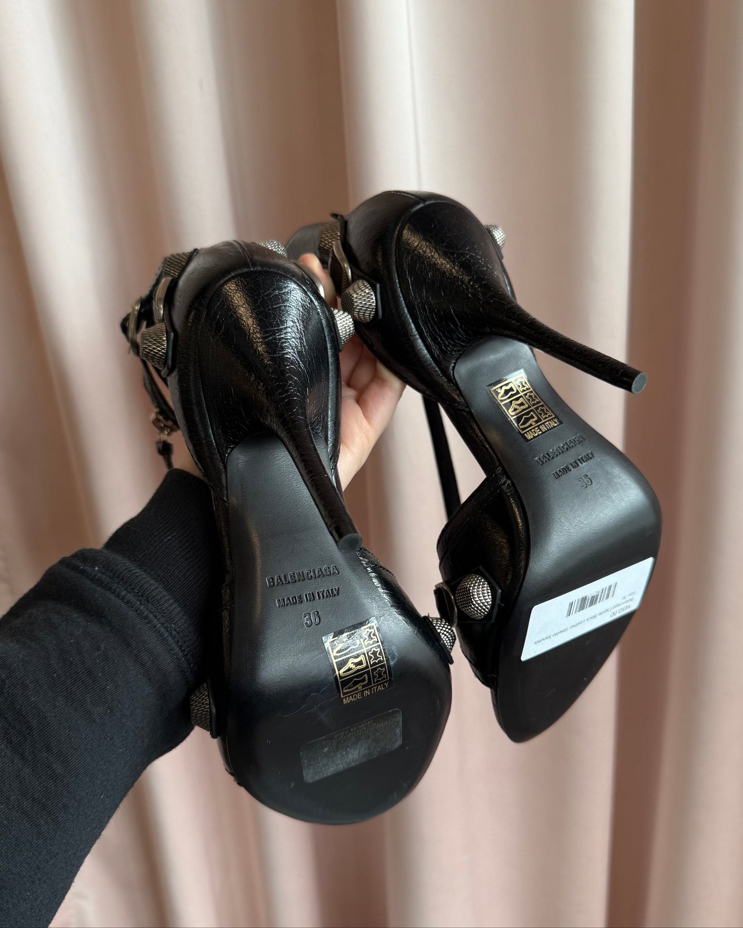 Balenciaga Cagole Studded Black Leather Stiletto Sandals