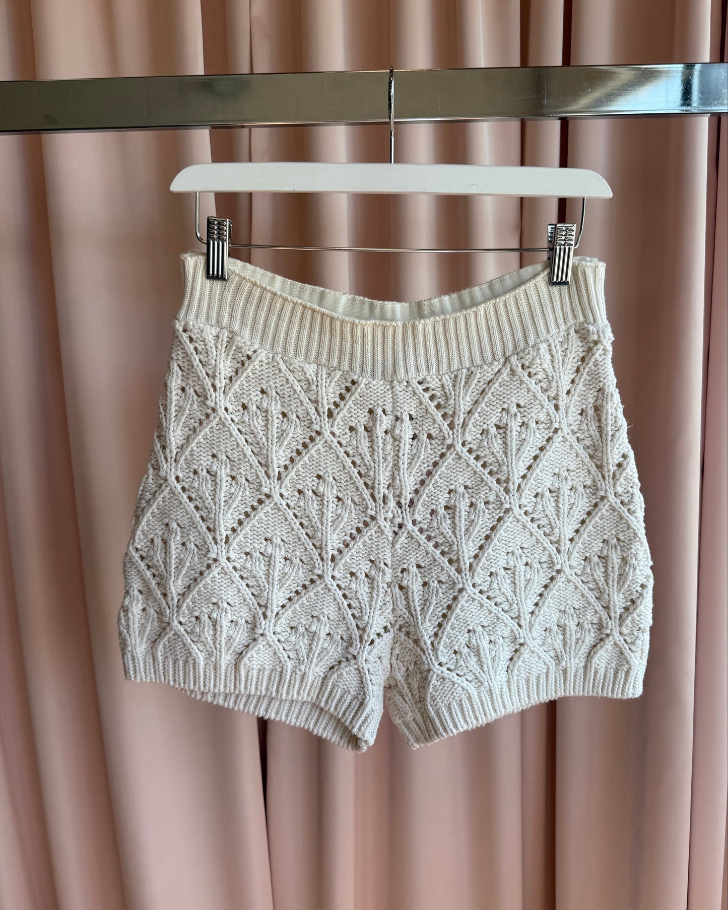 French Brand La Fée Maraboutée Cream Crochet Knit Shorts