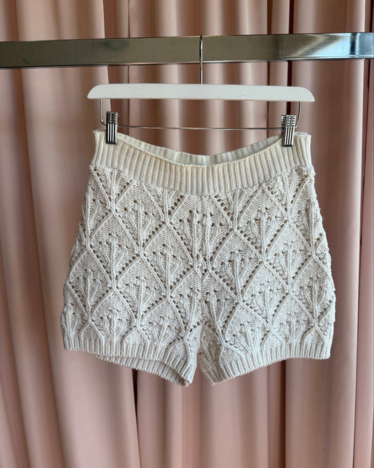 French Brand La Fée Maraboutée Cream Crochet Knit Shorts