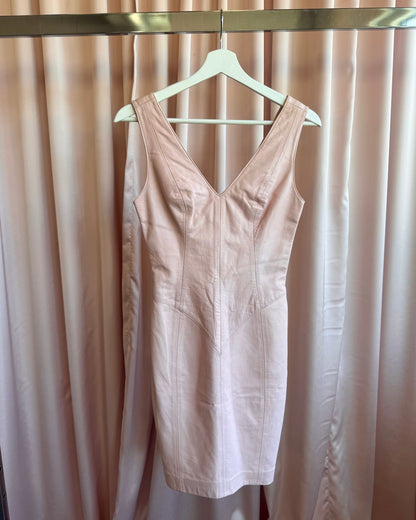 Canadian Made Baby Pink Genuine Leather V-Neck Bodycon Dress