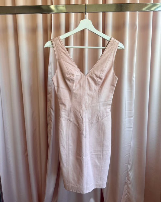 Canadian Made Baby Pink Genuine Leather V-Neck Bodycon Dress