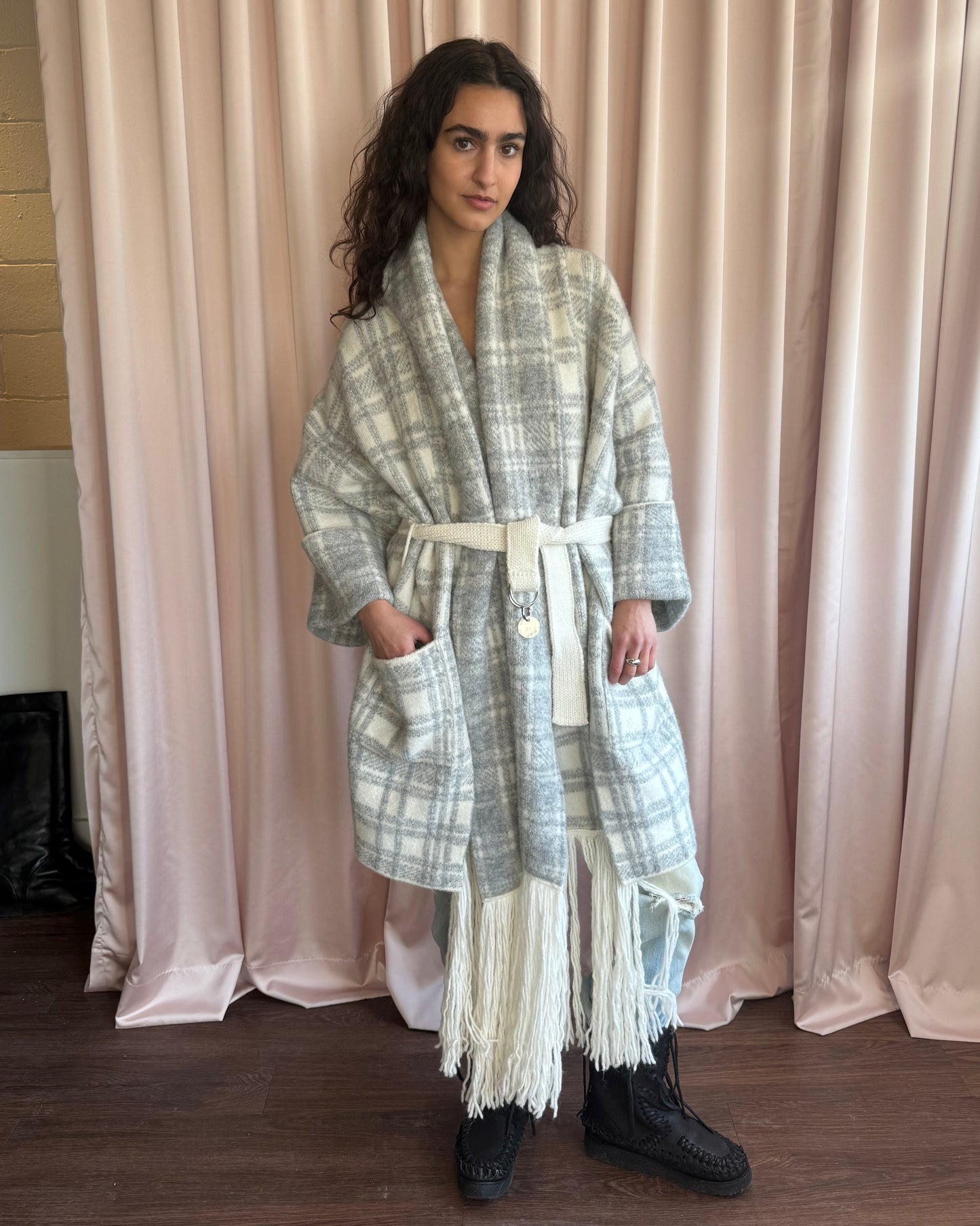 Diesel Grey & White Checkered Belted Long Knit Cardigan