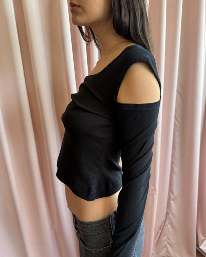 Helmut Lang Black Shoulder Cut Out Thumb Hole Long Sleeve Top
