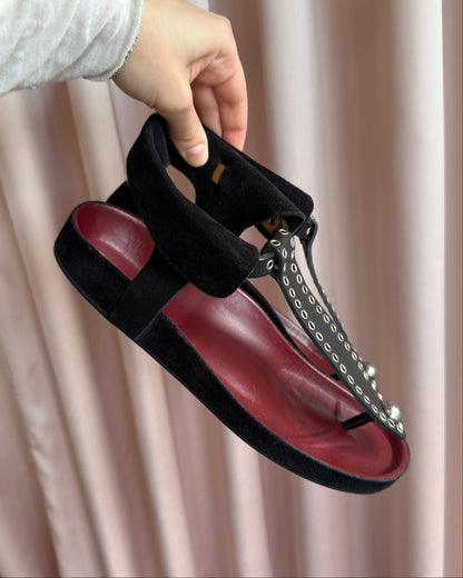 Isabel Marant Black Leather & Suede Grommet Thong Sandals