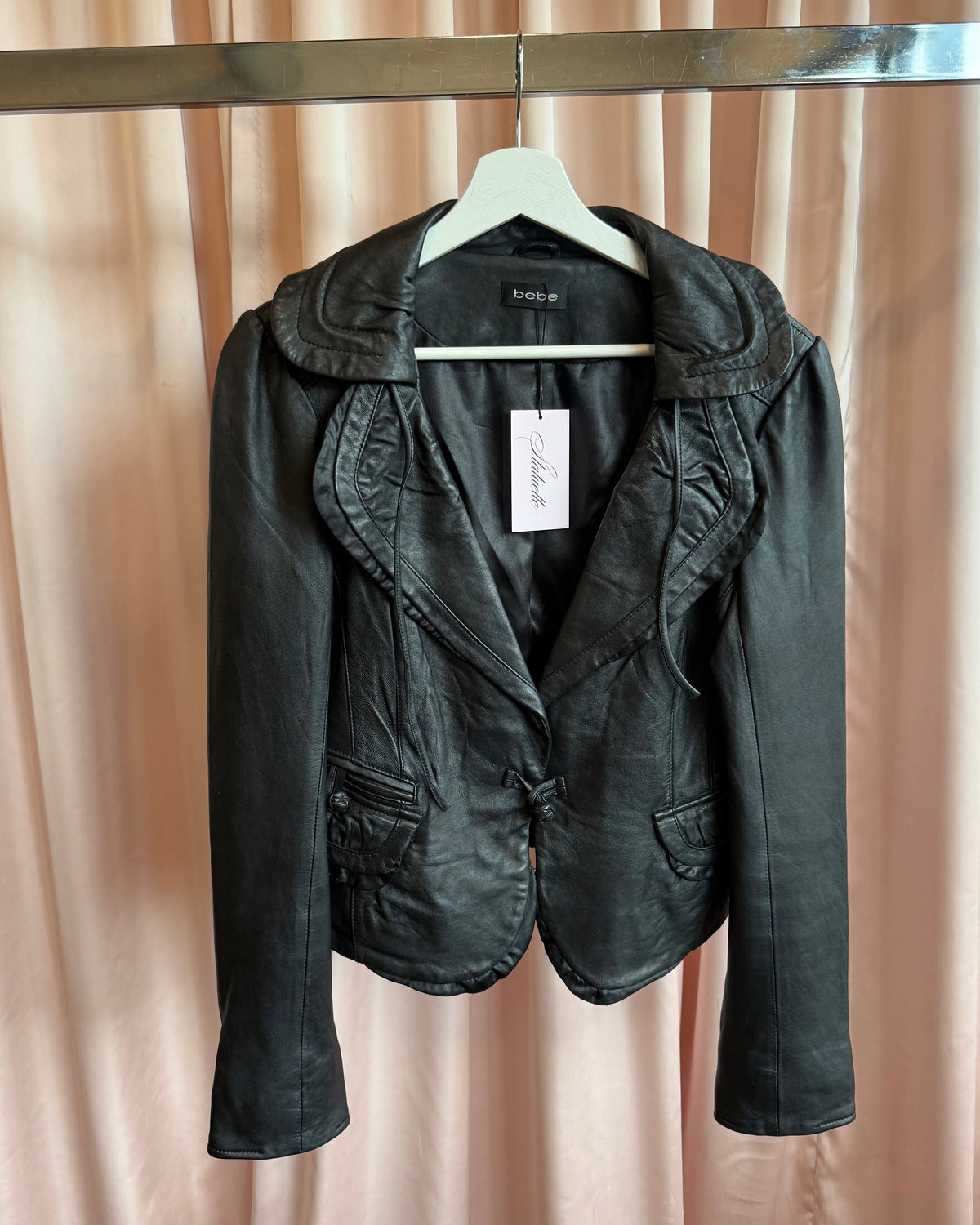 Bebe Black Genuine Leather Toggle Drawstring Blazer Jacket