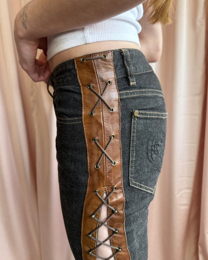 Alexander McQueen F/W 2002 "Supercalifragilistic" Lace Up Leather Denim Skinny Jeans