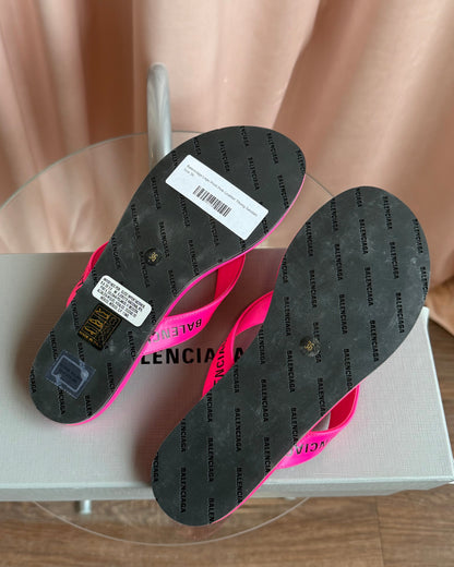 Balenciaga Logo Printed Neon Pink Leather Flip Flop Thong Sandals