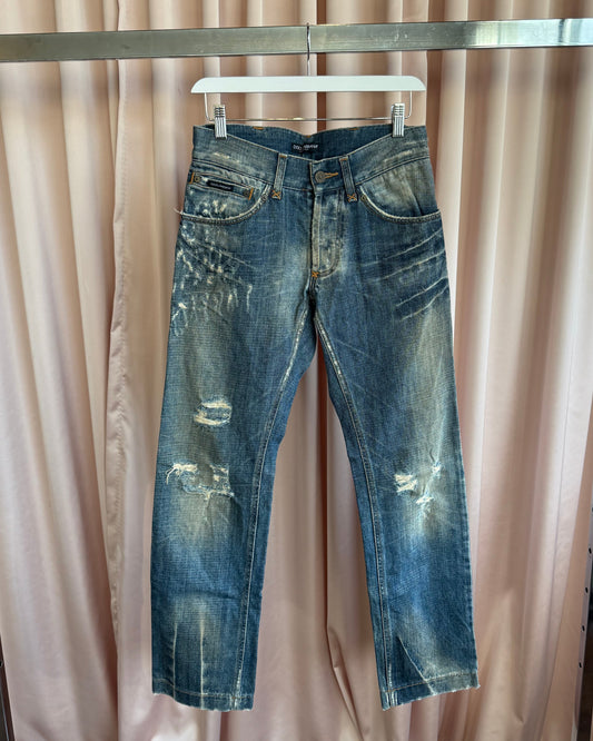 Dolce & Gabbana Distressed Studded Faded Denim
