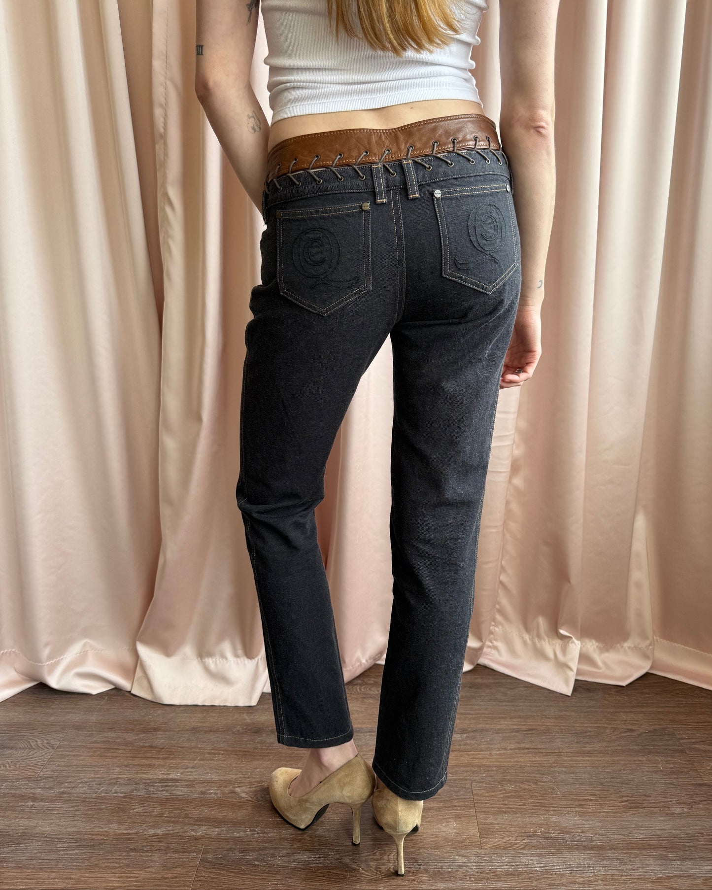 Alexander McQueen F/W 2002 Lace Up Leather Waistband Denim Skinny Jeans