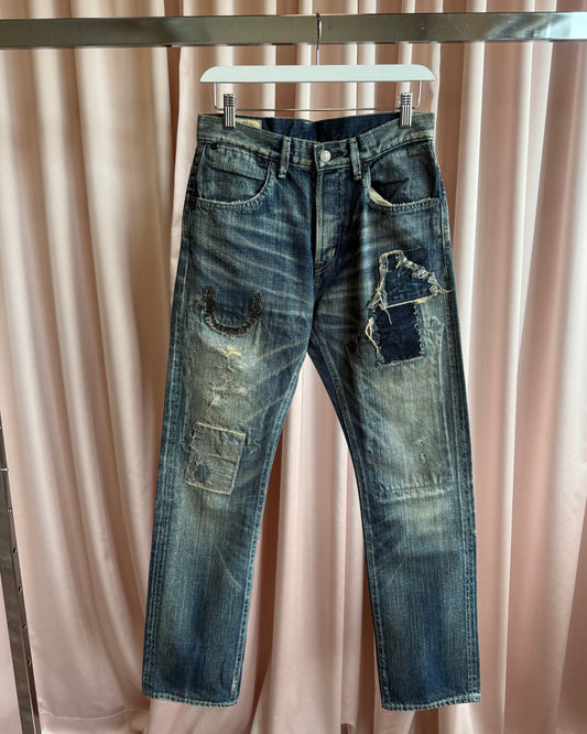 Japanese Brand Selvedge Cinch Back Faded Repaired Denim