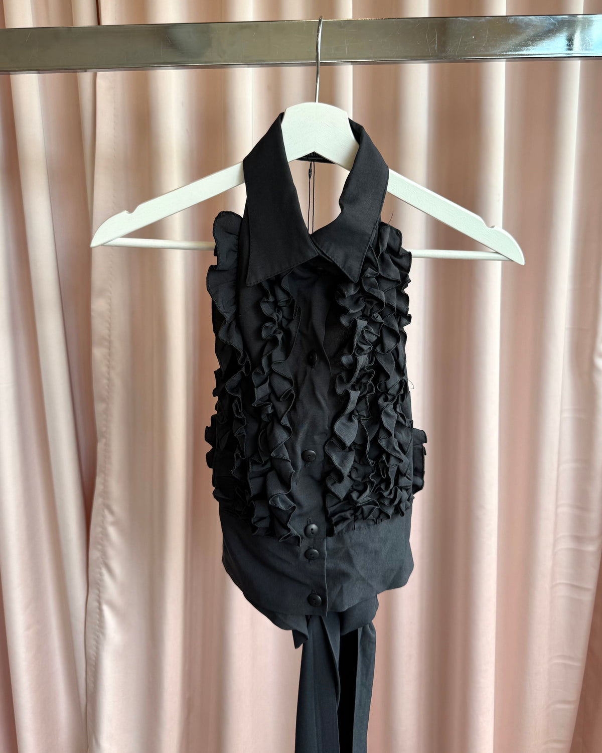 Parisian Brand Black Ruffle Button Up Open Back Halter Top