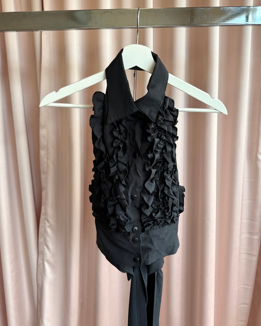 Parisian Brand Black Ruffle Button Up Open Back Halter Top
