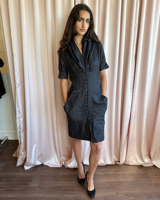All Saints Black Shimmer Pinstripe Elma Shirt Dress