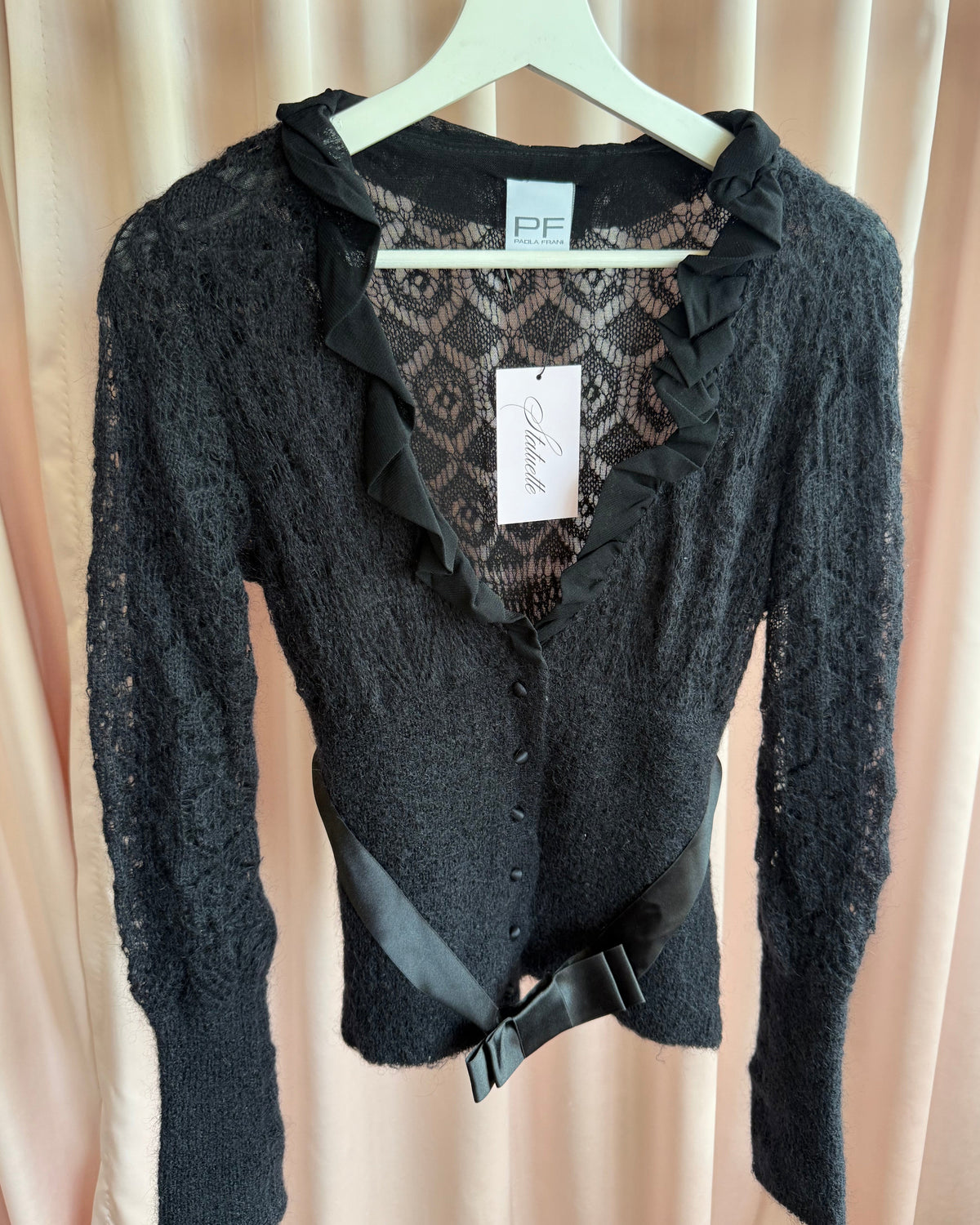 Italian Designer Black Mohair Mesh Bow Belt Cardigan Top