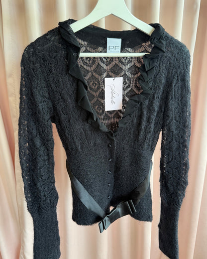 Italian Designer Black Mohair Mesh Bow Belt Cardigan Top