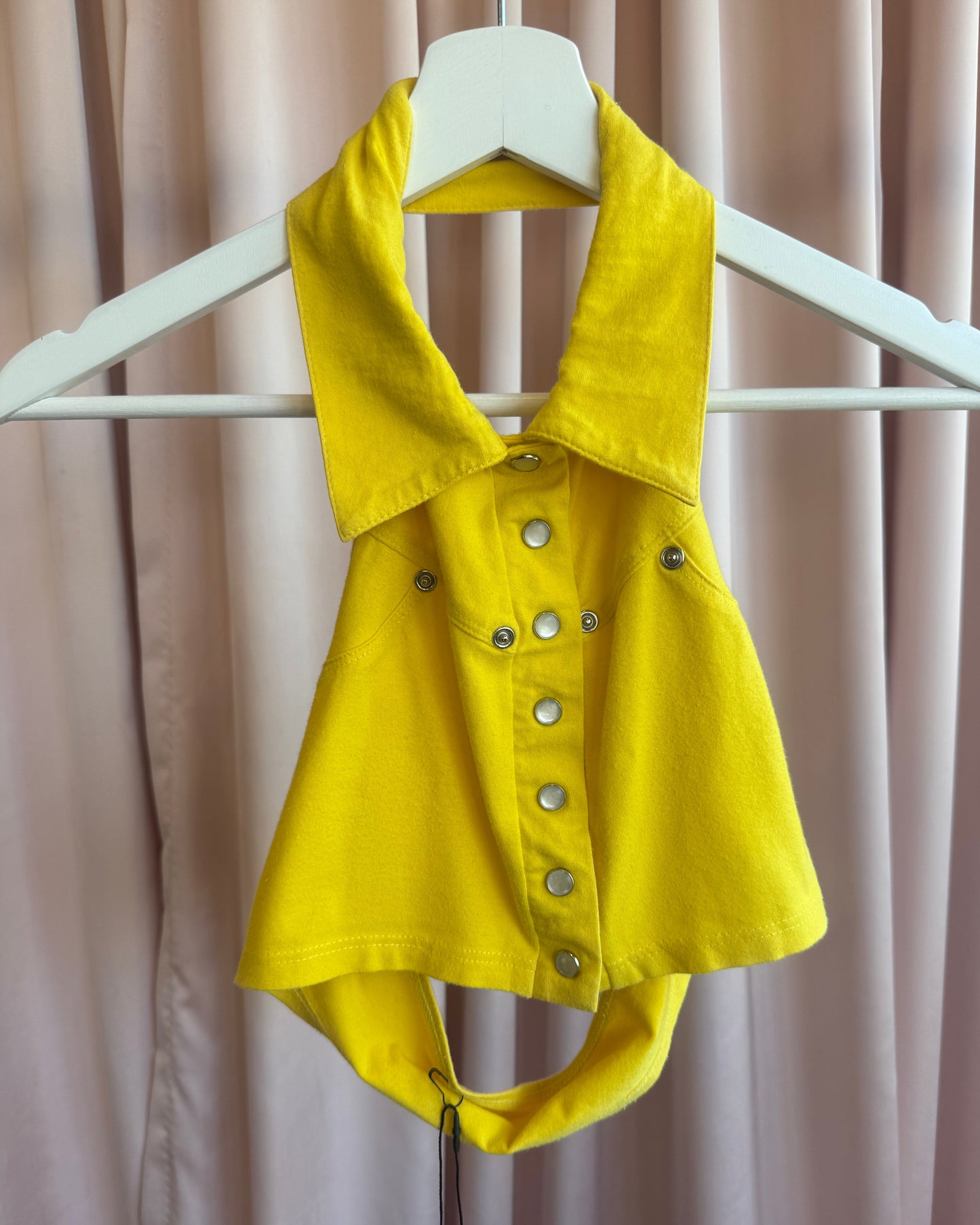 1990's Yellow Cropped Collared Button Up Halter Top