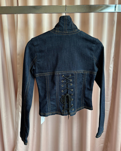 Japanese Brand Corset Lace Up Back Dark Wash Blue Denim Jacket