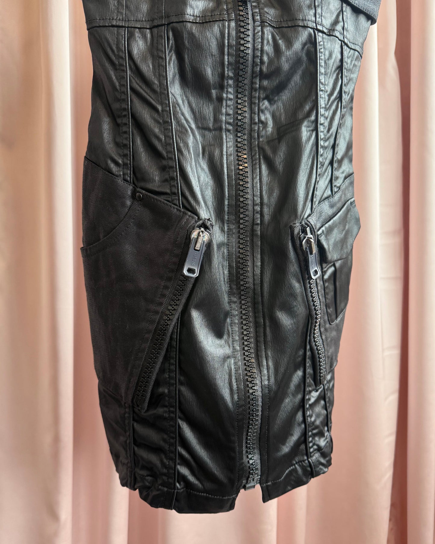 Diesel Studded Coated Black Denim Bustier Zipper Dress