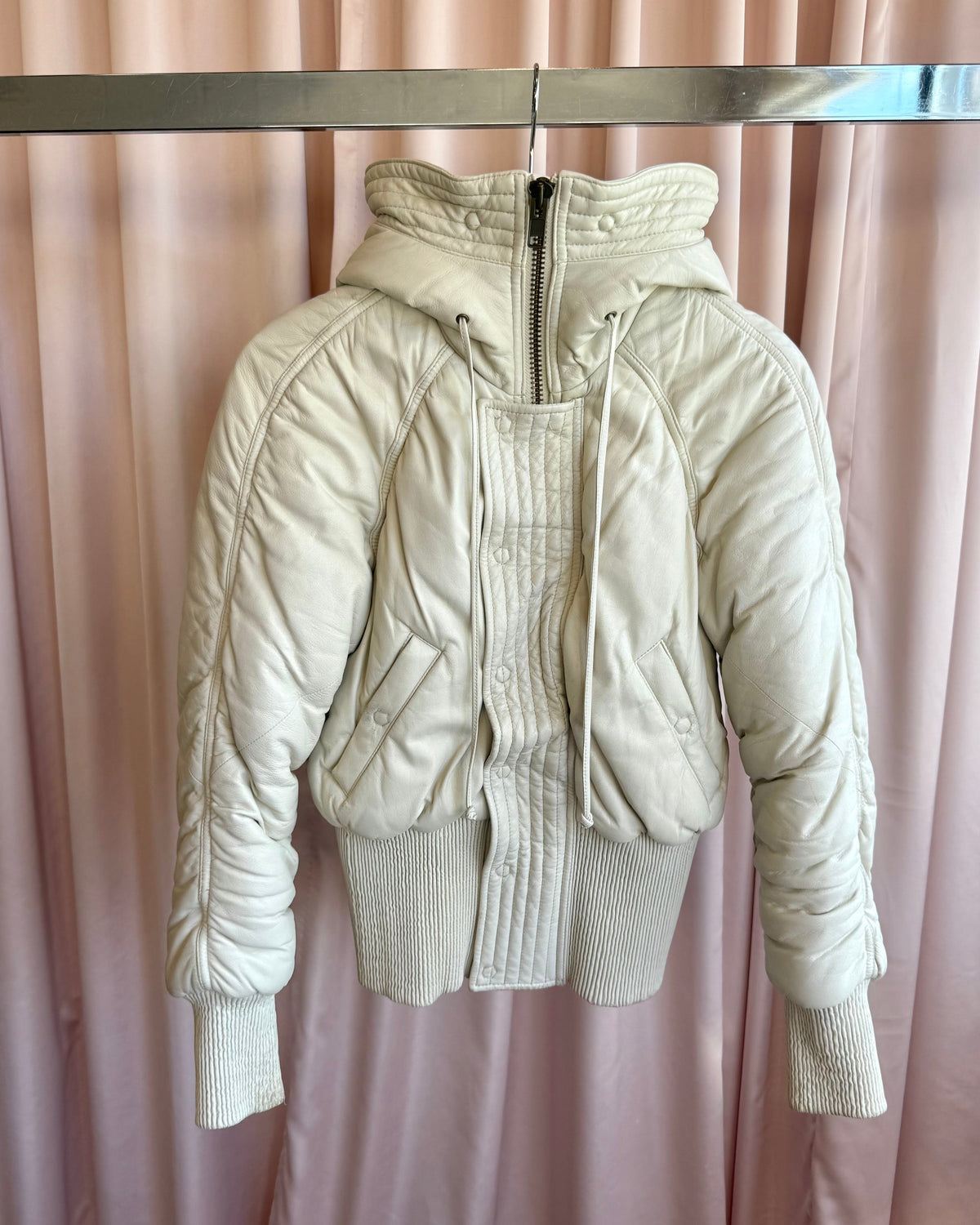French Designer White Leather Hooded Bomber Jacket