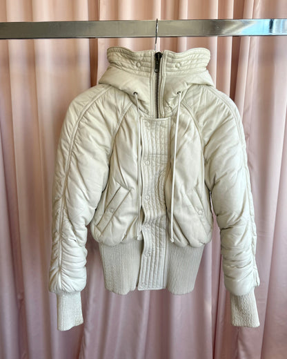 French Designer White Leather Hooded Bomber Jacket