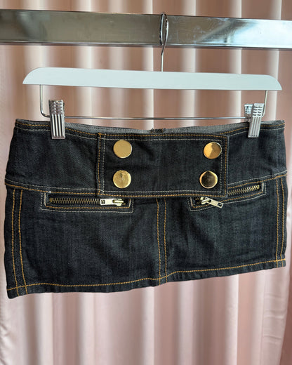 Japanese Brand Dark Wash Denim Gold Tone Button Micro Mini Skirt