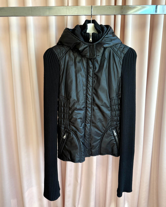 Italian Designer Hooded Black Nylon & Rib Knit Jacket