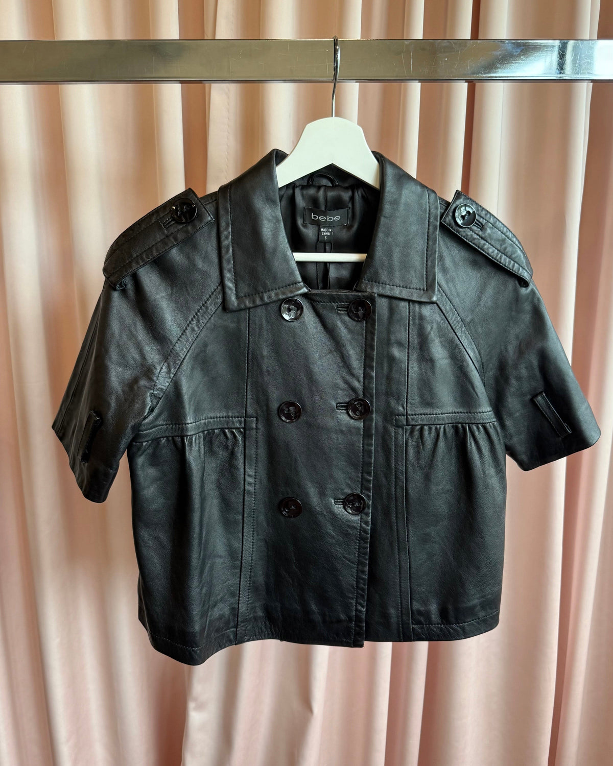 Bebe Black Genuine Leather Short Sleeve Peacoat