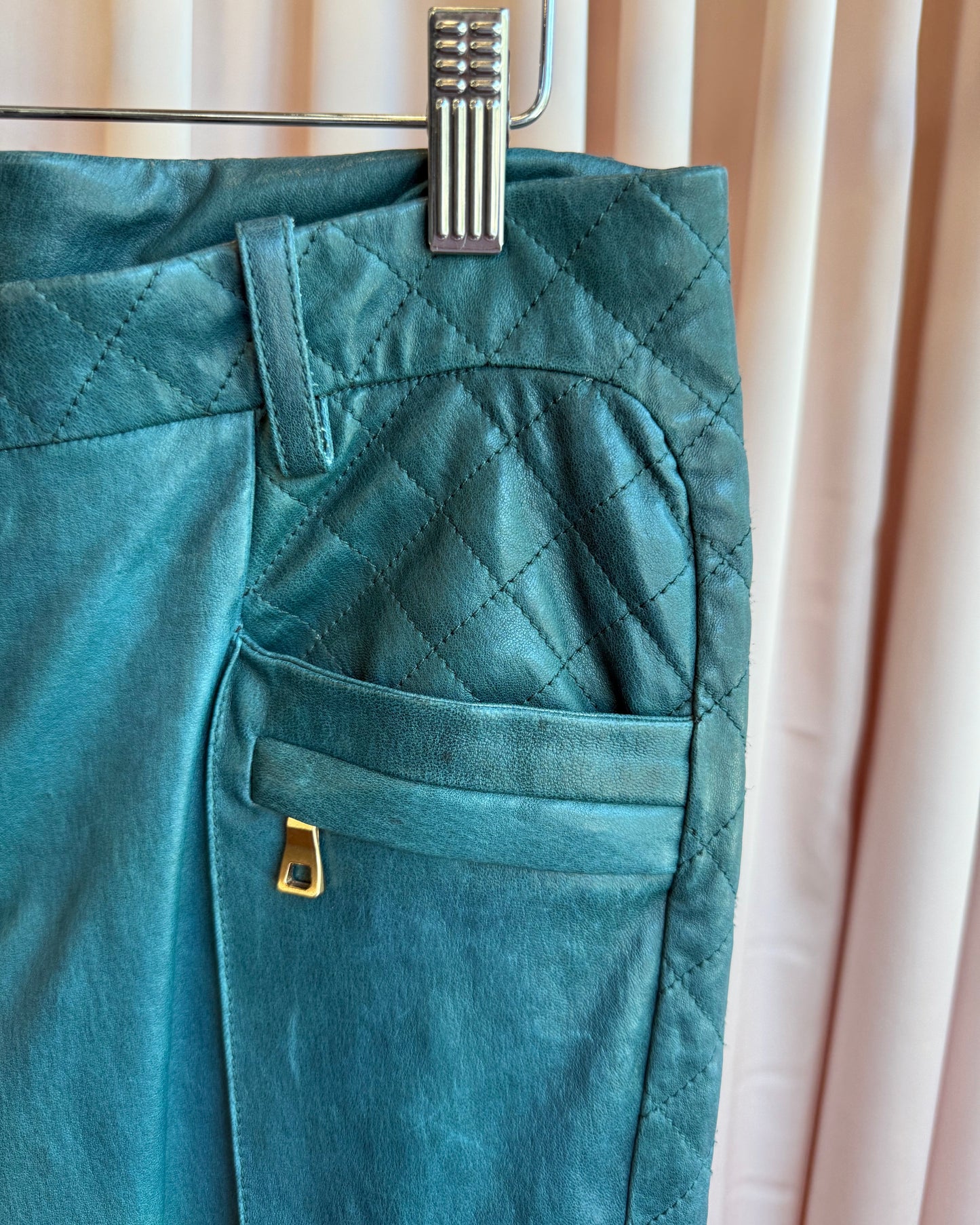 Balmain Viridian Lambskin Leather Low Rise Slim Cut Moto Pants
