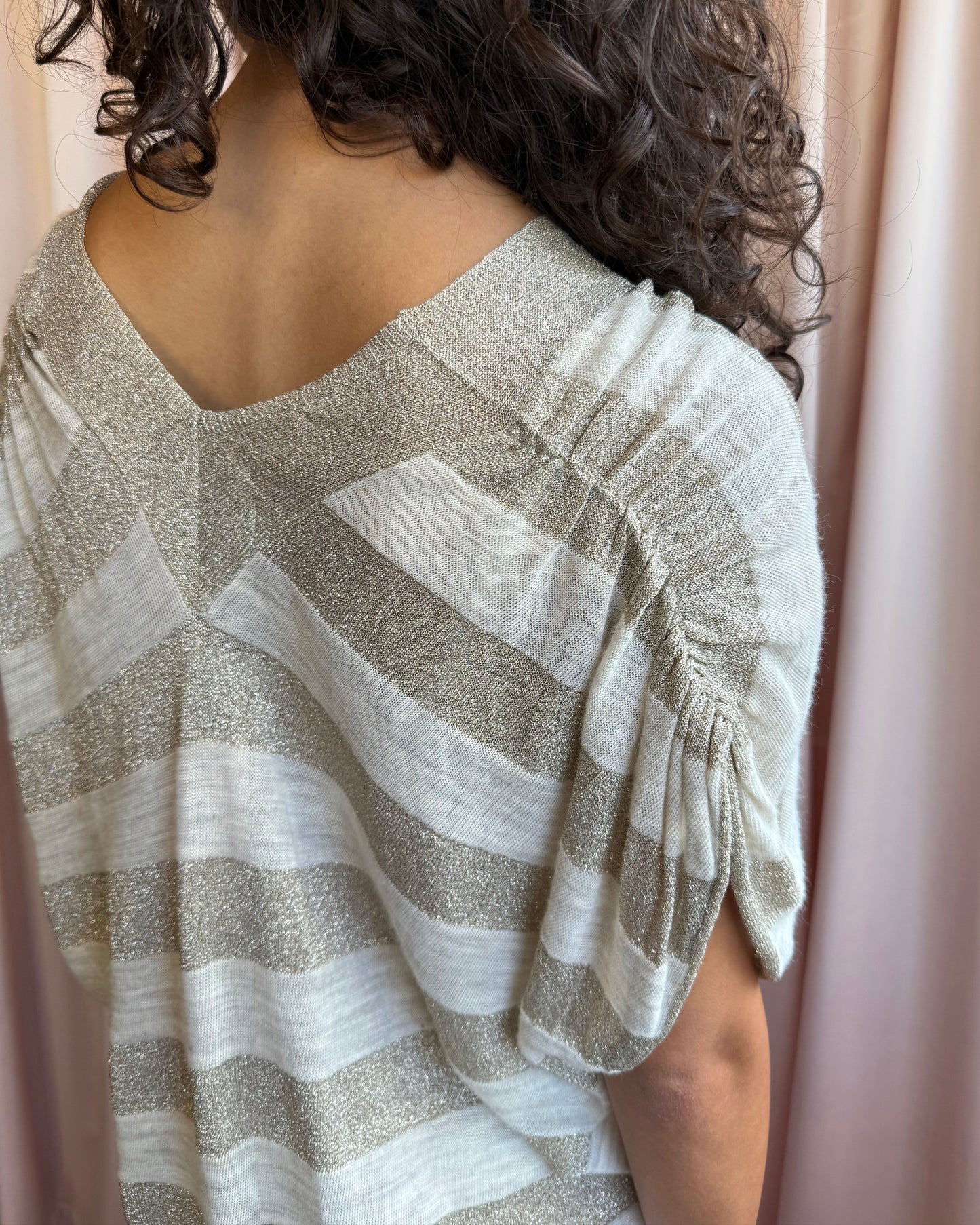 Japanese Brand Shimmer Striped Knit V-Neck Mini Dress