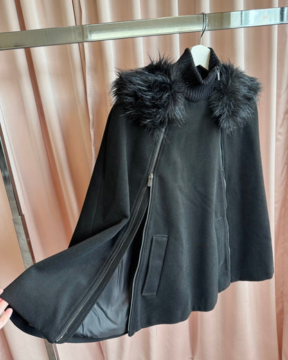 BCBGMaxazria Faux Fur Trim Black Cape Poncho Jacket