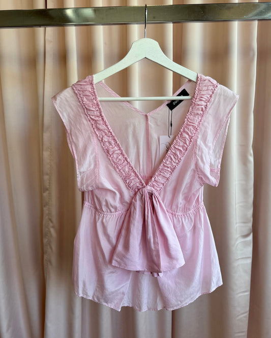 Zucca Pink Silk Cotton Blend Sleeveless Bow Blouse