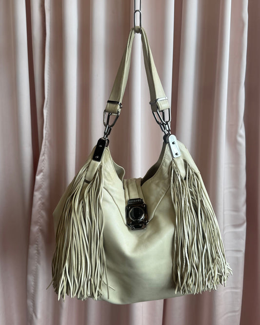 Céline Dimitri Cream Leather Fringe Hobo Handbag