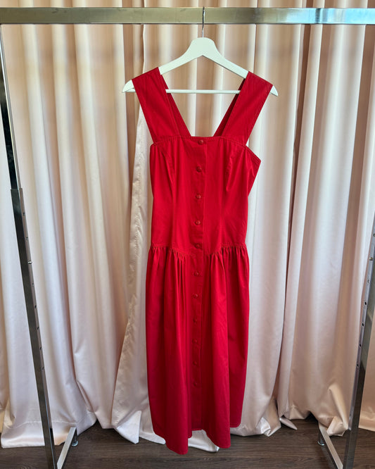 French Brand Red Cotton Poplin Button Front Drop Waist Dress