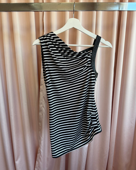 Bebe Black & White Striped Open Back Tank Top