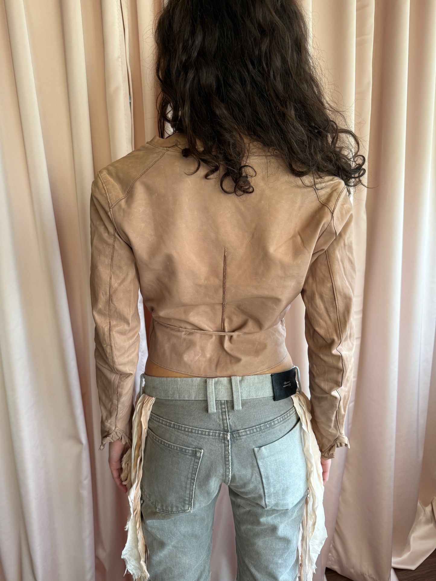Sisii Faded Pink Ruffle Trim Waist Tie Leather Jacket