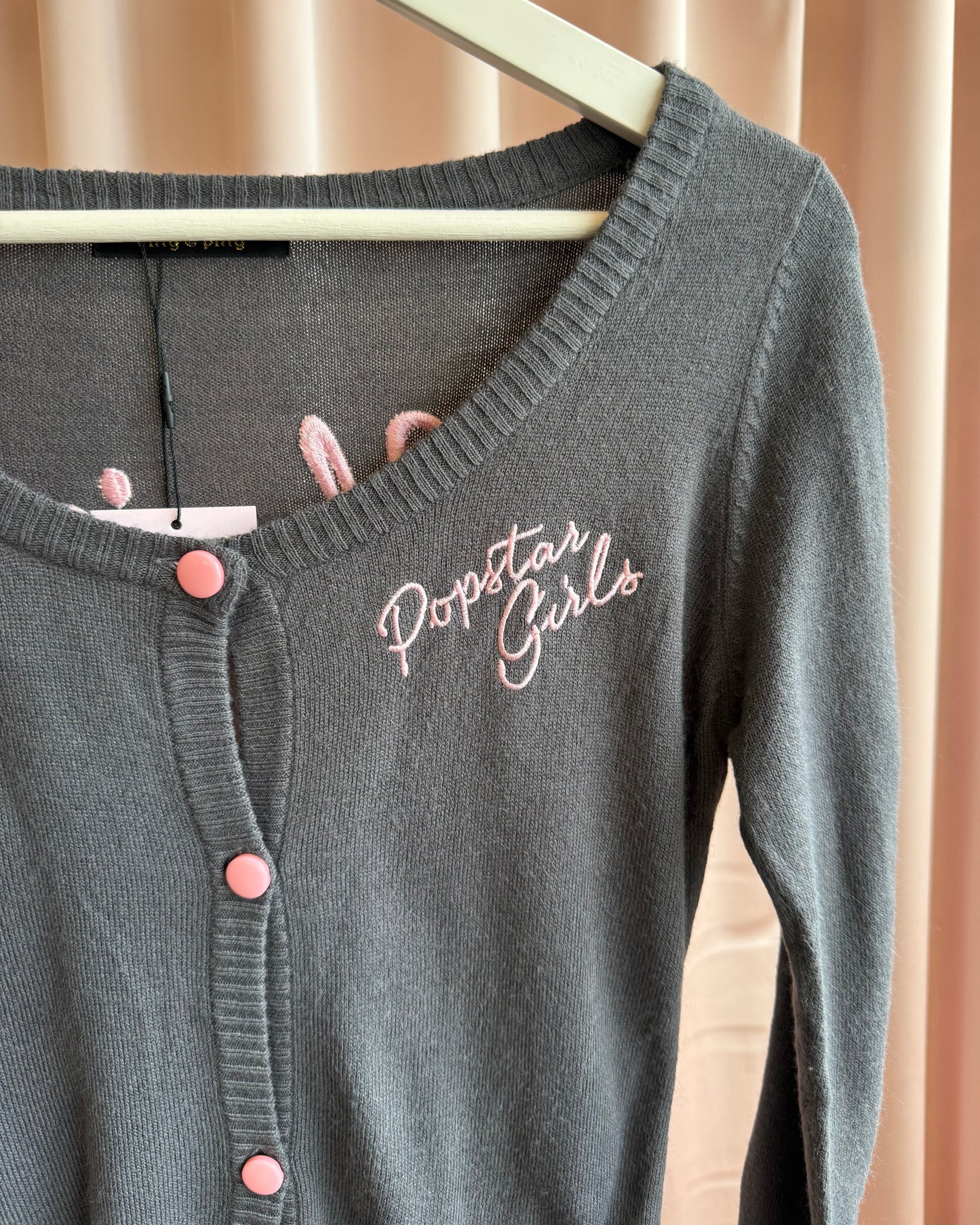 "Popstar Girls" Grey & Pink Embroidered Cardigan
