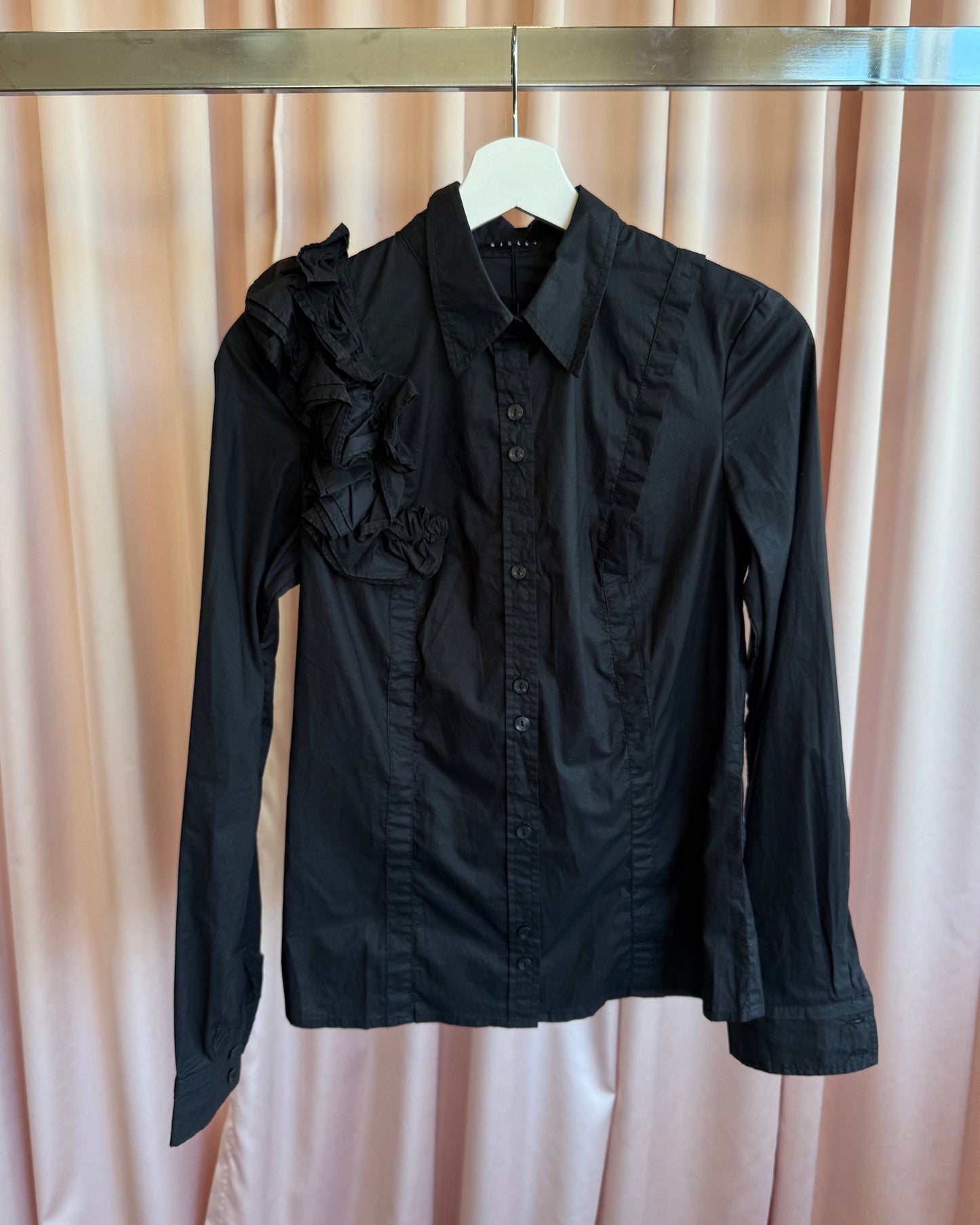 French Brand Black Rosette Shoulder Cotton Dress Shirt