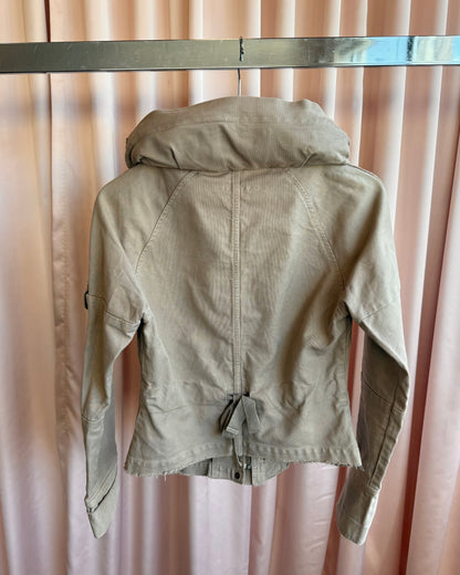 Japanese Brand Khaki Collapsible Zip Hood Wide Neck Cargo Jacket