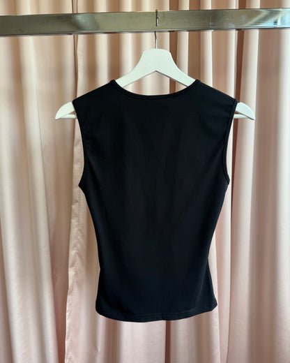 French Brand Black "Joe" Sequins Patch Spell Out Fishnet Tank Top
