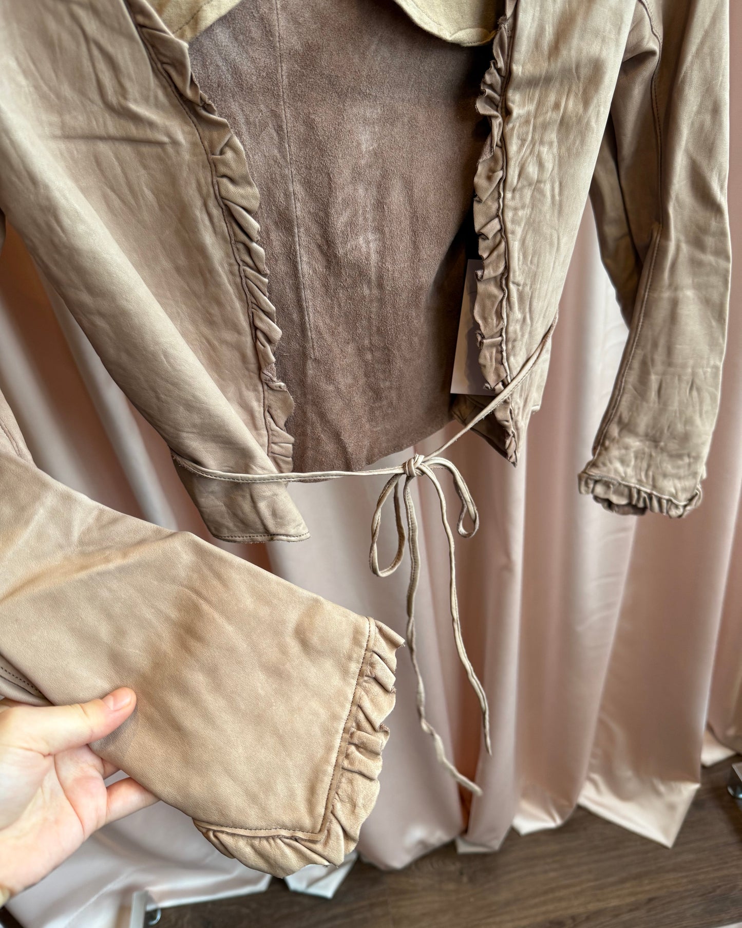 Sisii Faded Pink Ruffle Trim Waist Tie Leather Jacket