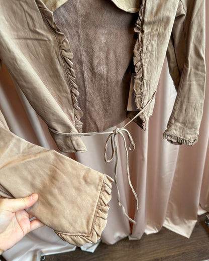 Sisii Faded Pink Ruffle Trim Waist Tie Leather Jacket
