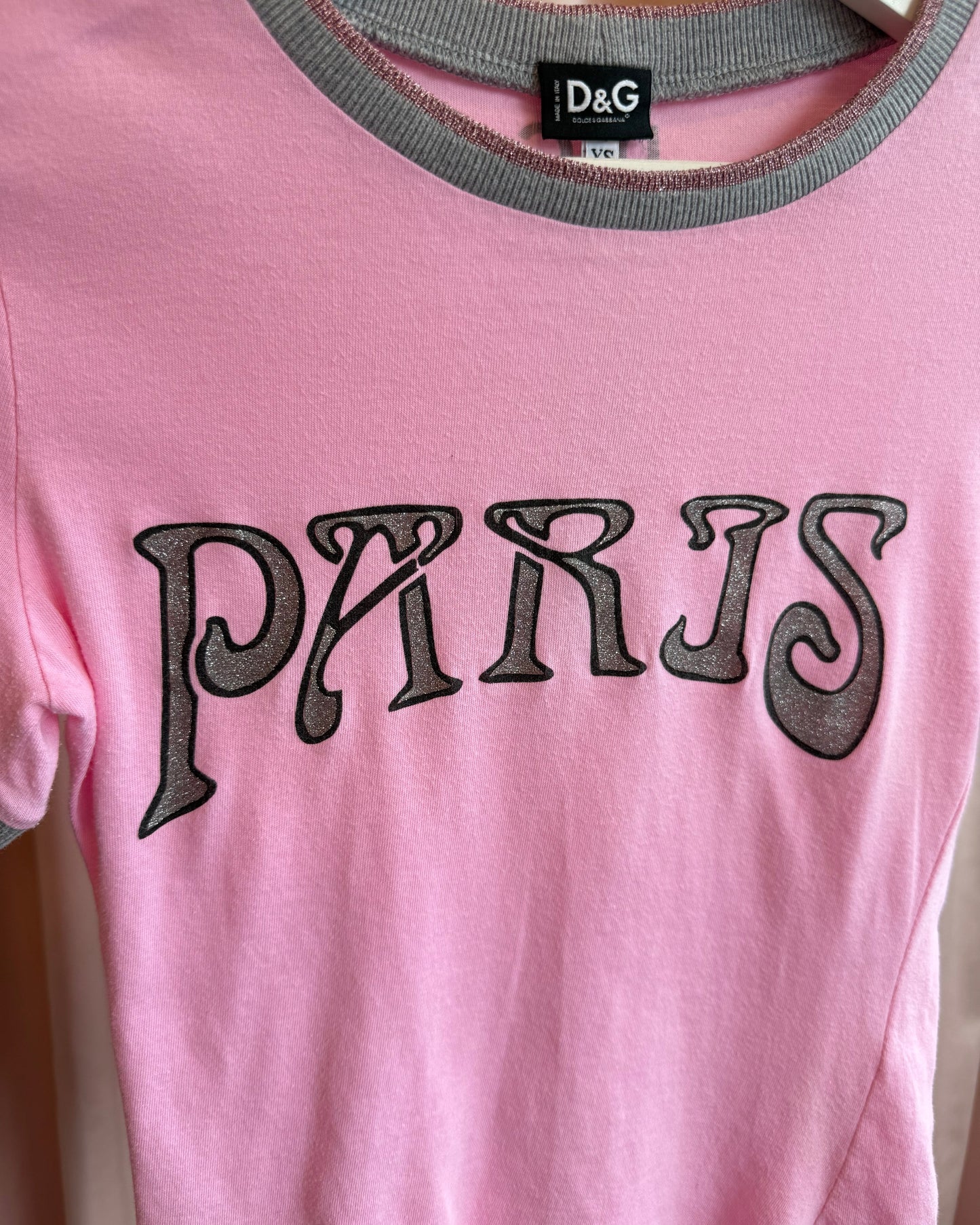 D&G "Paris" Graphic Pink & Grey Ringer T-Shirt