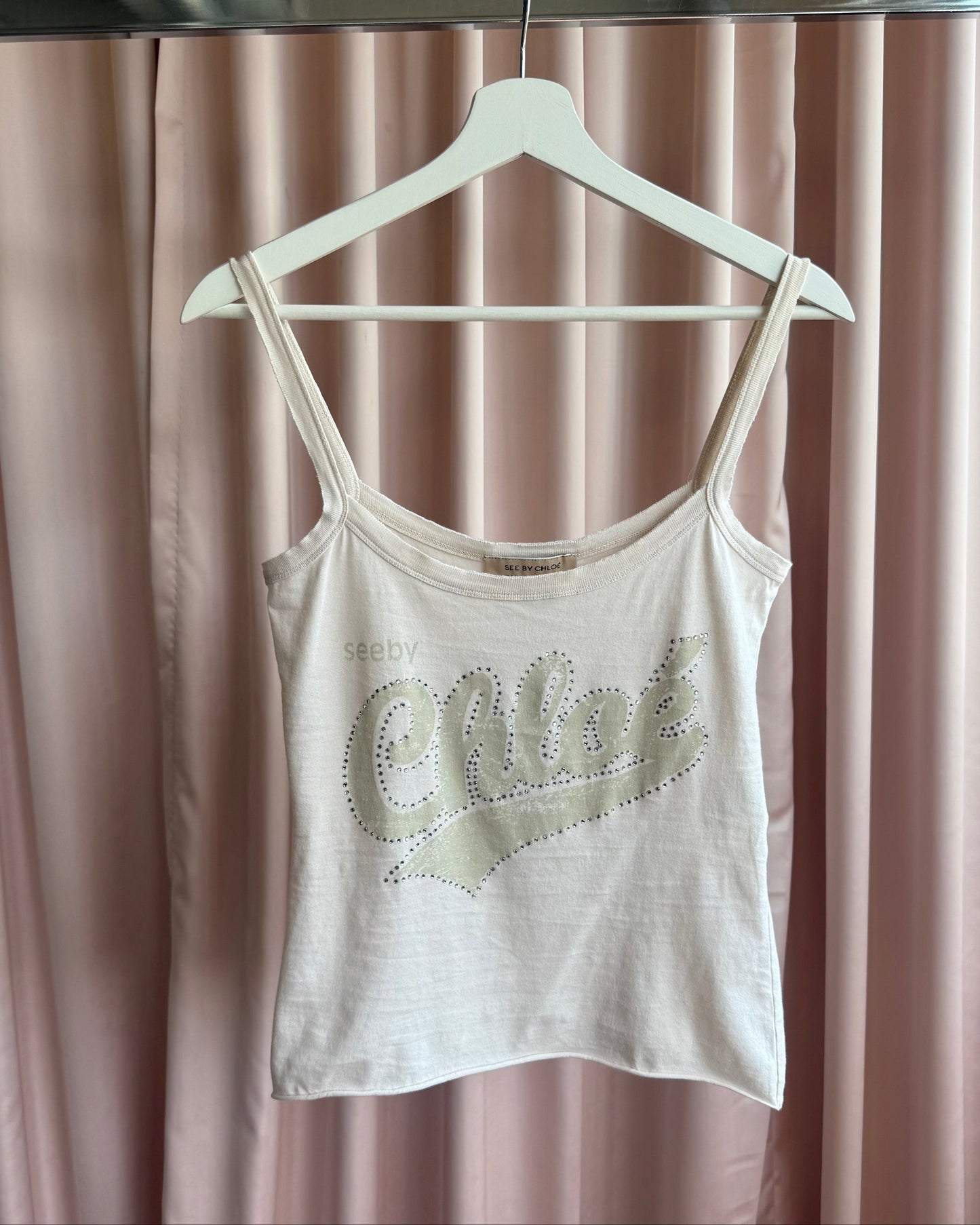 See by Chloé Rhinestone Logo Cream Tank Top