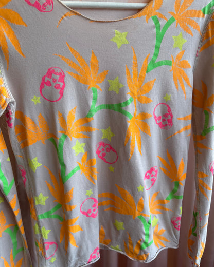 French Designer Neon Hemp Leaf Skull All Over Print Long Sleeve Top