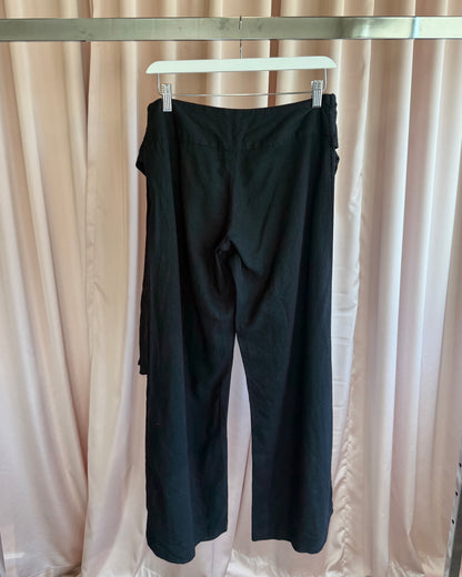 Black Linen Blend Low Rise Wide Leg Tie Waist Pants