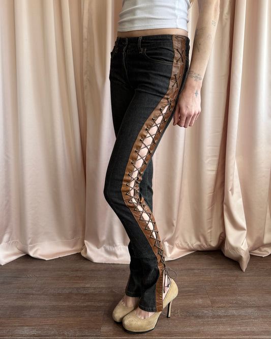 Alexander McQueen F/W 2002 "Supercalifragilistic" Lace Up Leather Denim Skinny Jeans