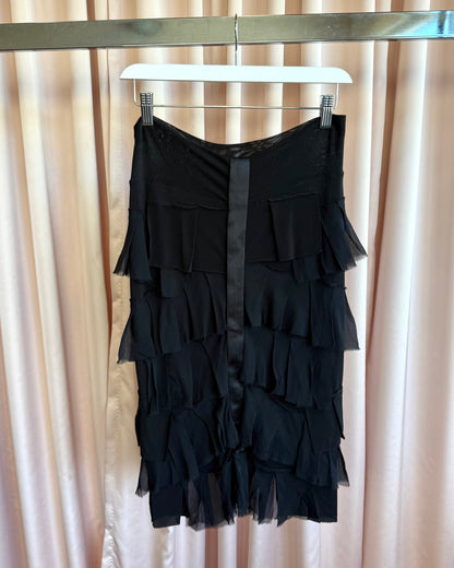 Italian Designer New w/ Tags Black Tiered Silk Ruffle Midi Skirt