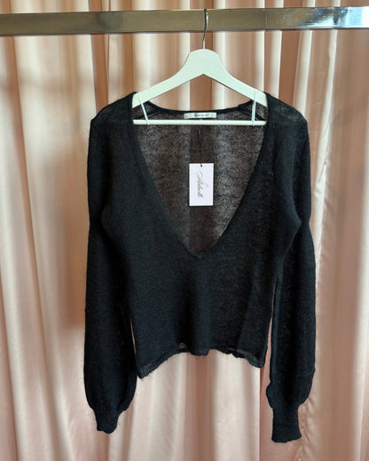 Japanese Brand Black Mohair Ultra Low V-Neck Bishop Sleeve Sweater