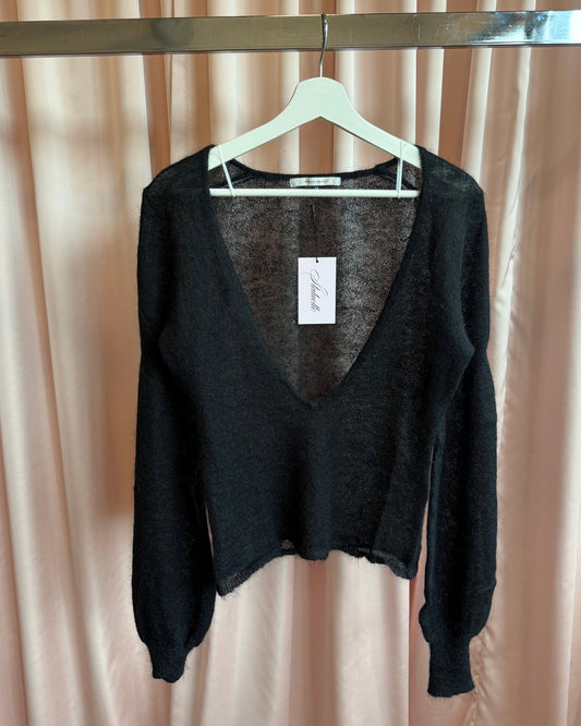 Japanese Brand Black Mohair Ultra Low V-Neck Bishop Sleeve Sweater