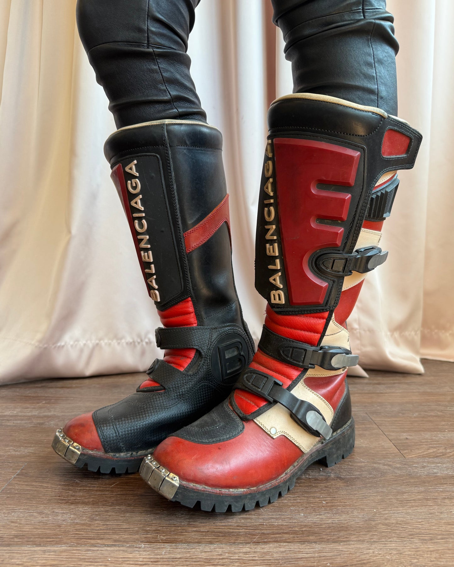 Balenciaga F/W 2017 Red & Black Leather Motorcycle Boots